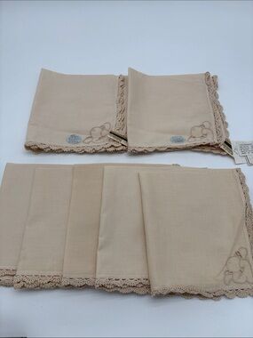 Vintage Deadstock Lot of 7 Cream Cotton Handmade Embroidery Lace Napkins 6x6